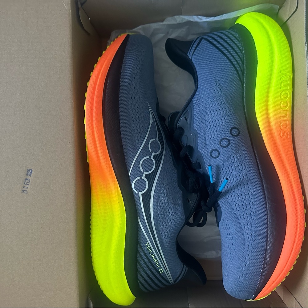 Saucony Men’s Gray Knit Running Shoes with Neon Orange and Yellow Gradient Soles